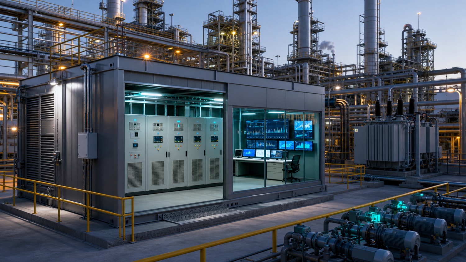 3D EaaS energy-saving retrofit scene with MV Drive E-House, EMS room and industrial process loads