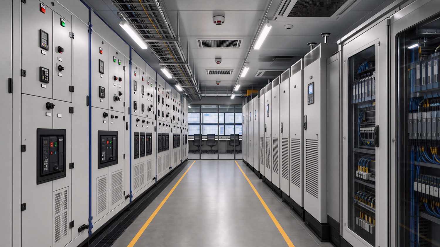 3D internal corridor of an E-House with electrical cabinets