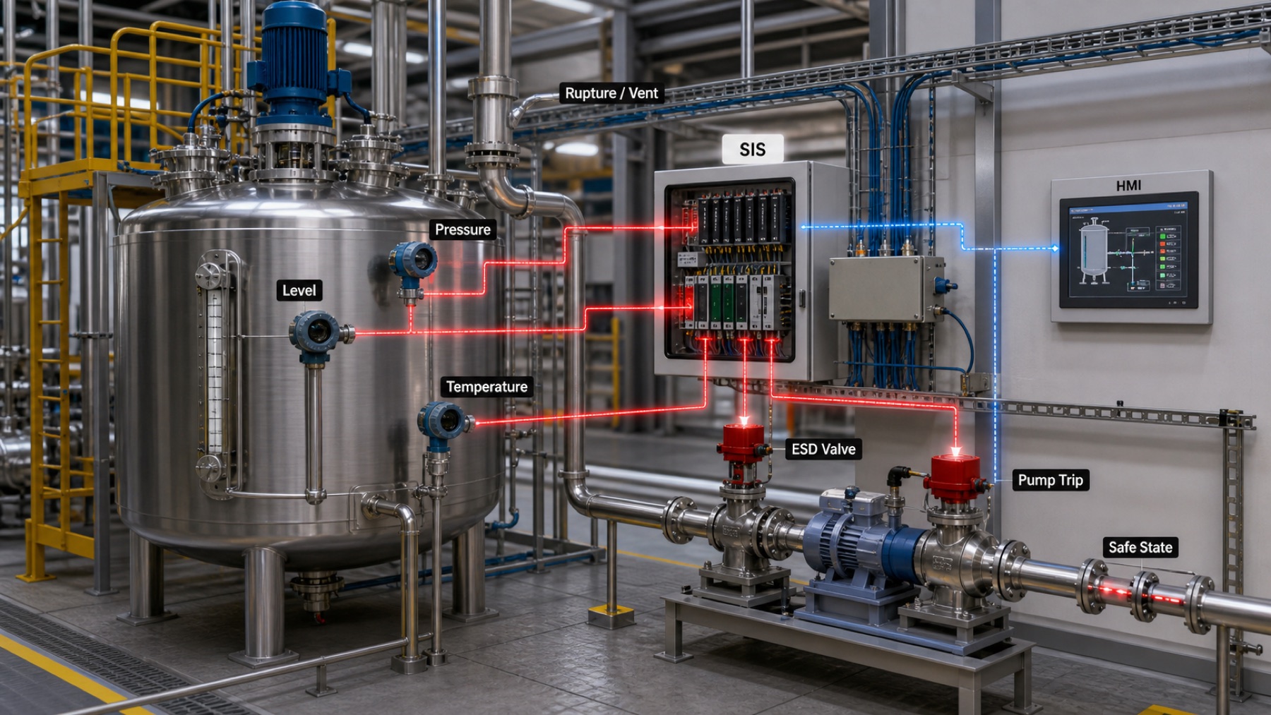SIS loop closeup with pressure level temperature inputs and ESD outputs