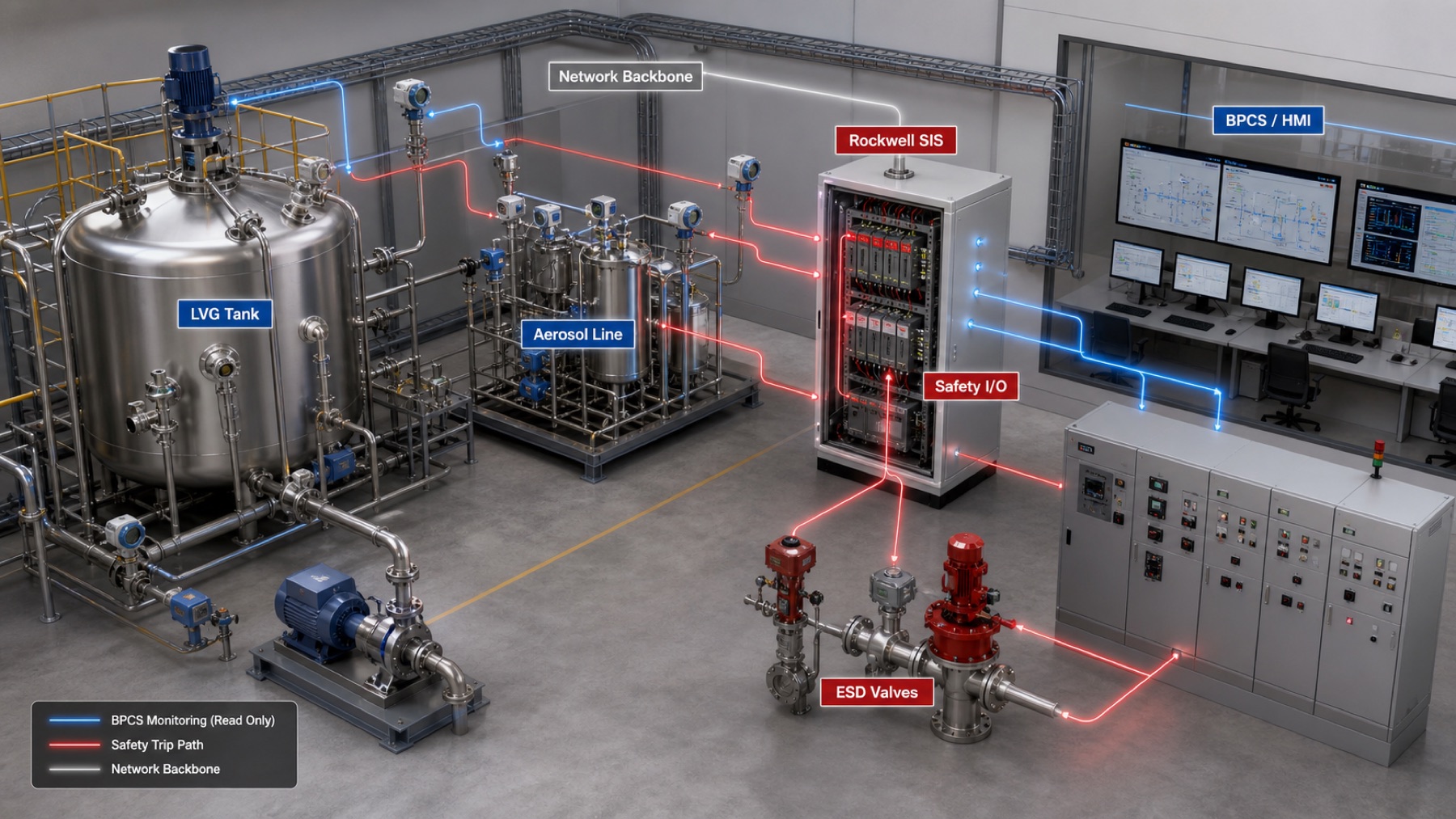 3D SIS process safety architecture with safety trip path and BPCS monitoring path
