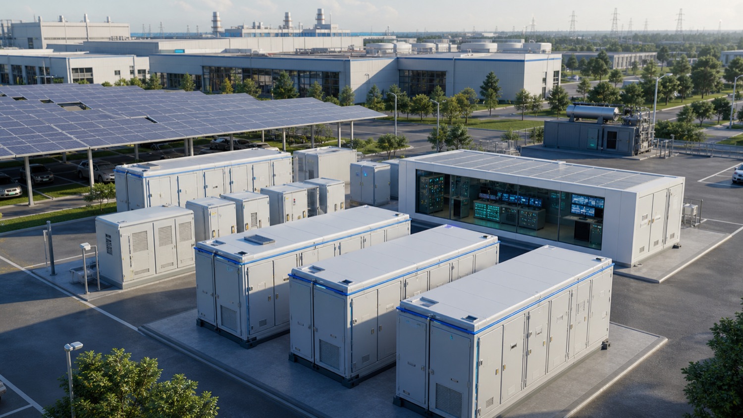 3D BESS and microgrid site with battery containers, solar PV and EMS control module