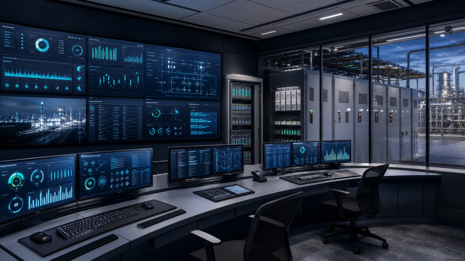 3D digital energy and automation control room with SCADA screens and E-House cabinets