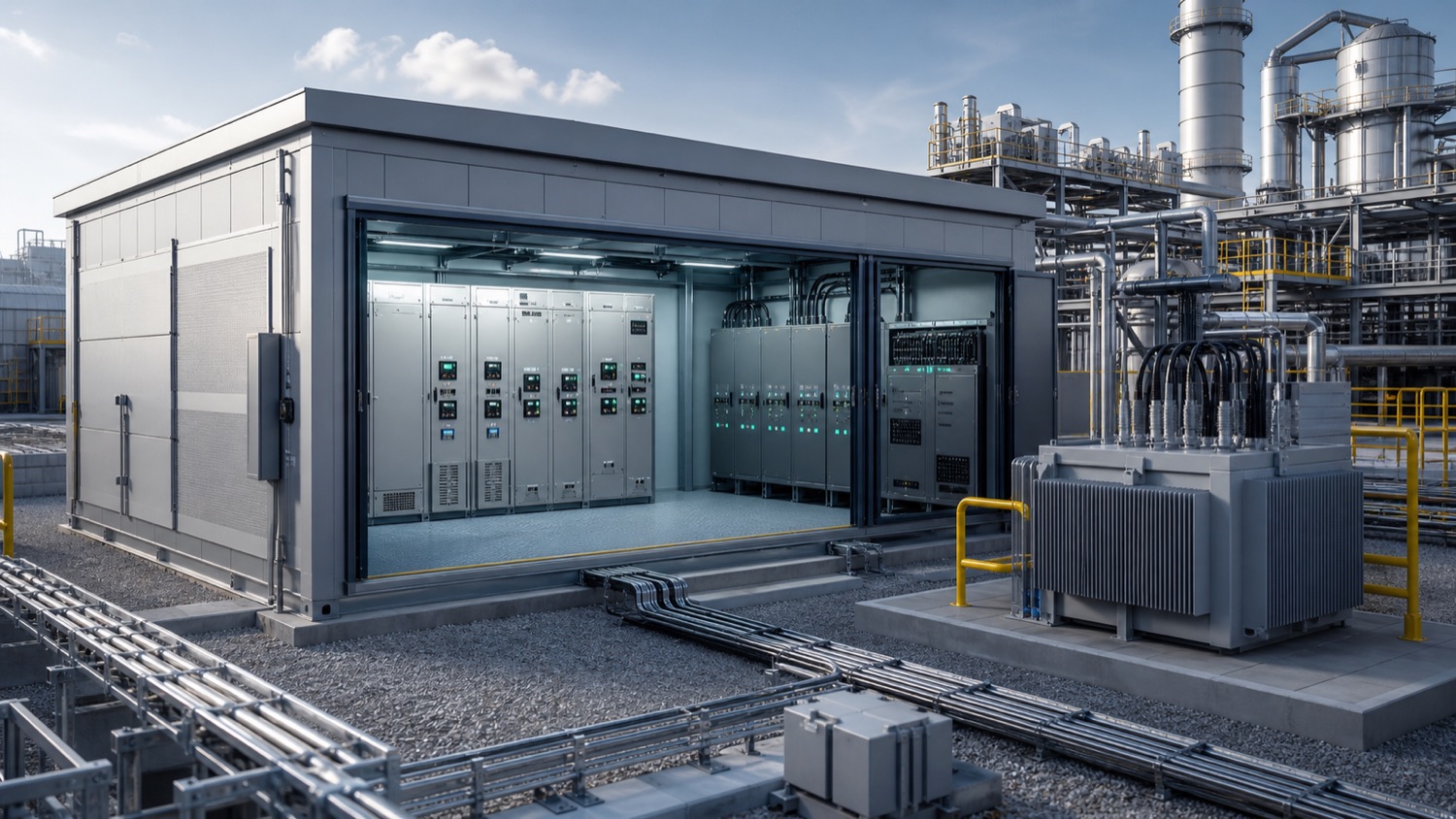 3D electrical system integration scene with E-House, switchgear, transformer and cable interface