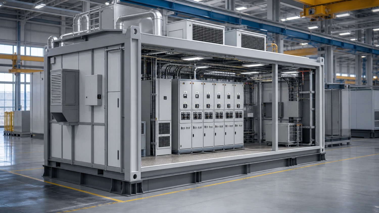 3D modular E-House manufacturing scene with factory-built electrical room and switchgear
