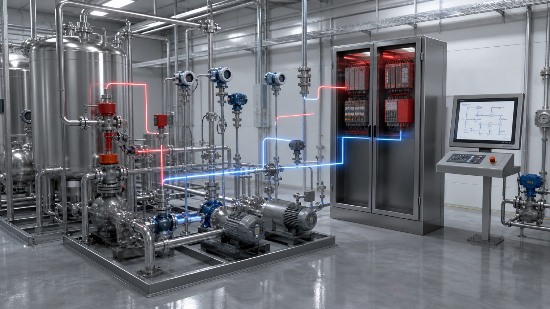 3D SIS process safety system scene with tanks, instruments, safety cabinet and ESD valves
